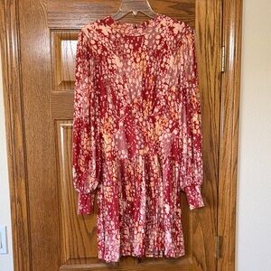 Free People Red Floral Long-Sleeve Tiered Mini Dress